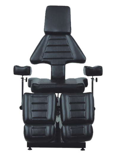 Front view of black Joiken tattoo chair and beauty bed with adjustable armrests