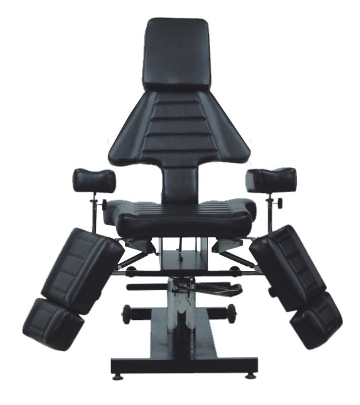 Black Joiken multi-function tattoo chair with swivel leg rests extended