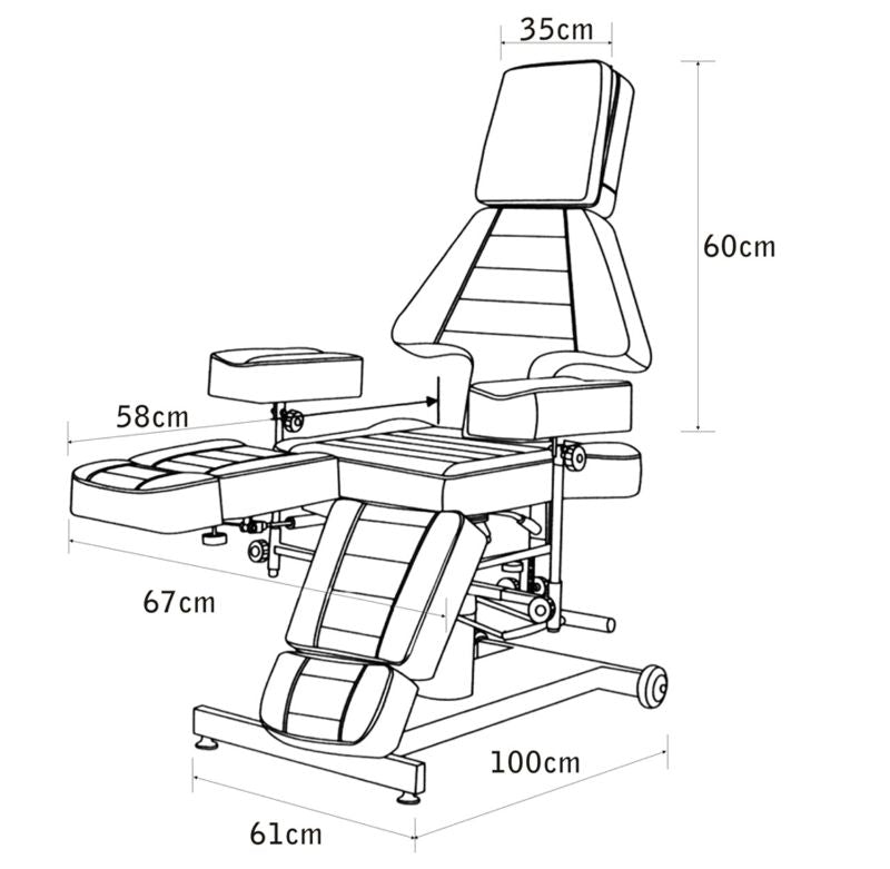 Technical diagram showing dimensions of the Joiken multi-function tattoo chair-bed