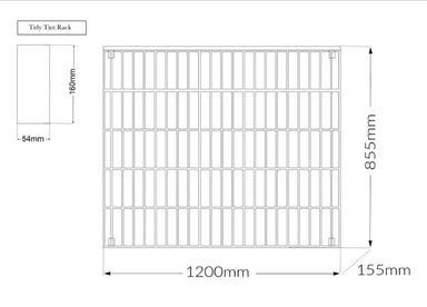 Dimensions and technical specifications for the Joiken Tidy Tint Rack showing 1200mm width and 855mm height
