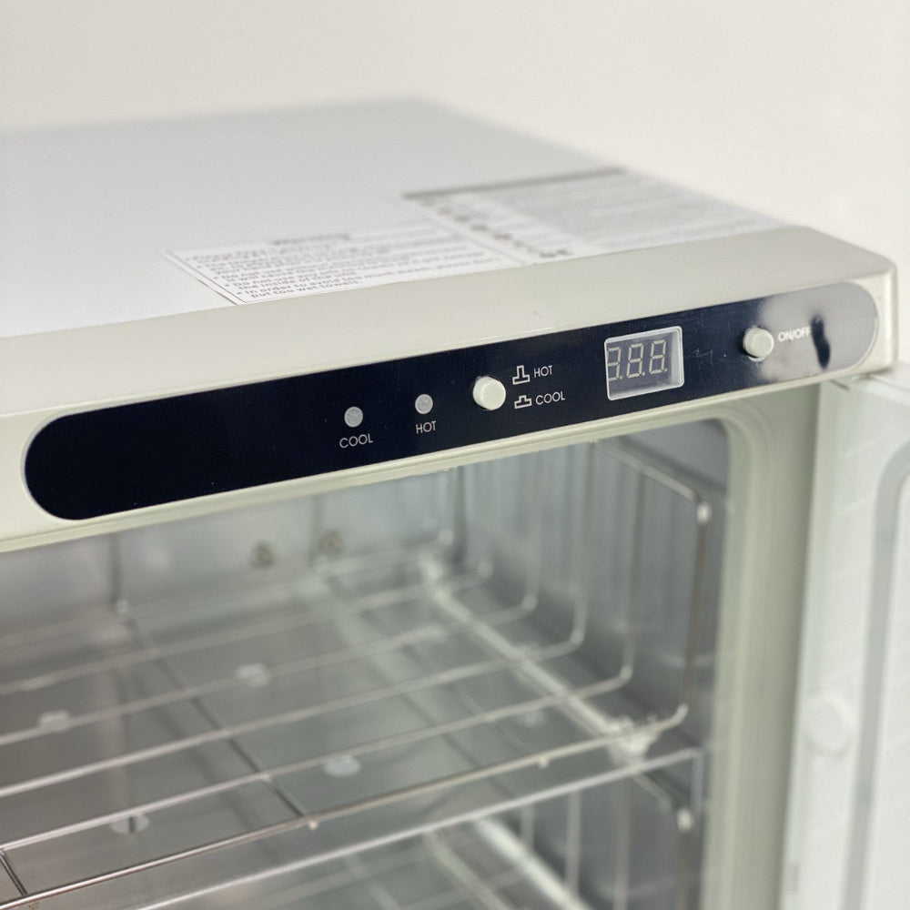 Close up of Joiken towel warmer control panel with digital temperature display and power buttons
