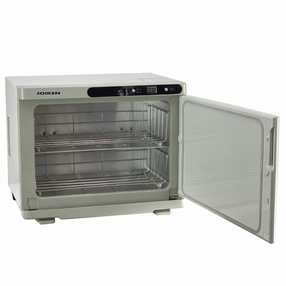 Open door view of Joiken towel warmer showing dual-tier stainless steel grills