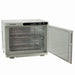 Open door view of Joiken towel warmer showing dual-tier stainless steel grills