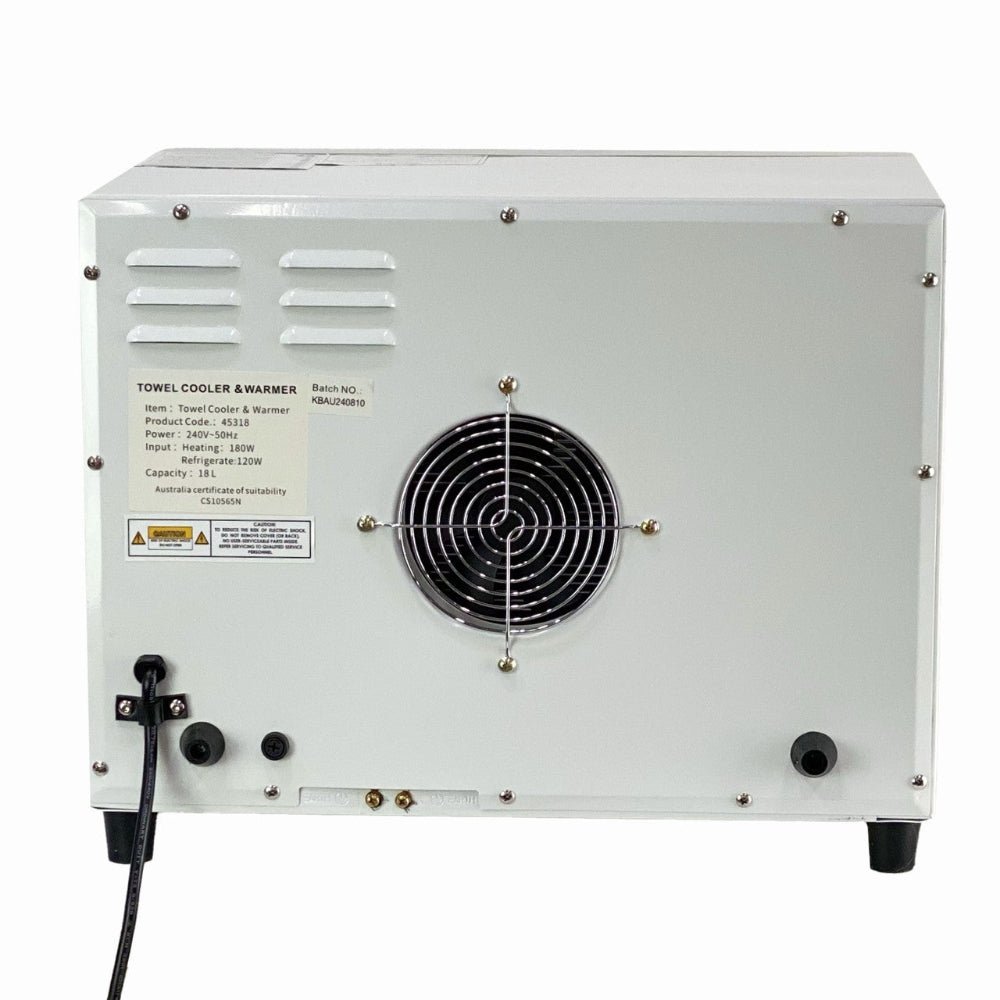 Rear view of Joiken towel warmer showing ventilation fan and power connection