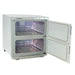 Open white Joiken twin towel warmer showing removable internal wire grills and dual compartments