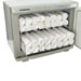 Joiken white towel warmer filled with rolled towels showing compact space-saving design