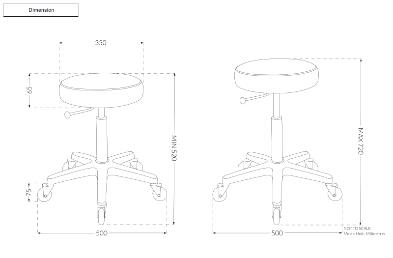 Technical dimension diagram for Joiken Turbo Stool showing 350mm seat and adjustable height range