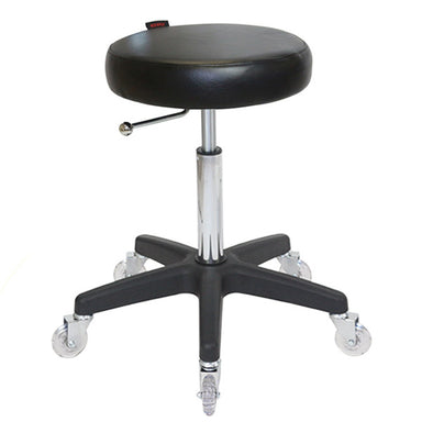 Joiken Turbo Stool in black upholstery with matching black five-star base and clear wheels