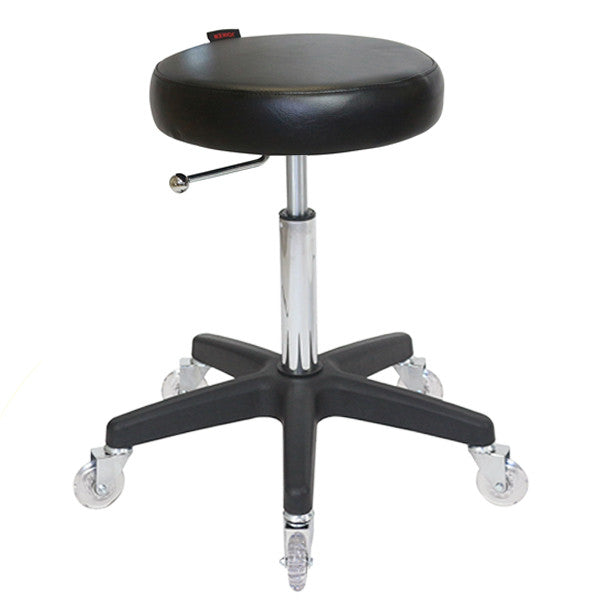 Joiken Turbo Stool in black upholstery with matching black five-star base and clear wheels