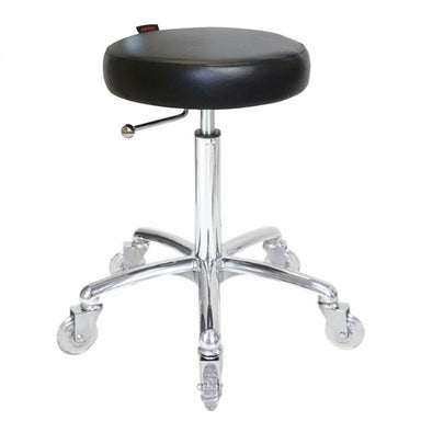 Black professional salon stool with polished chrome base and clear hair-proof castor wheels