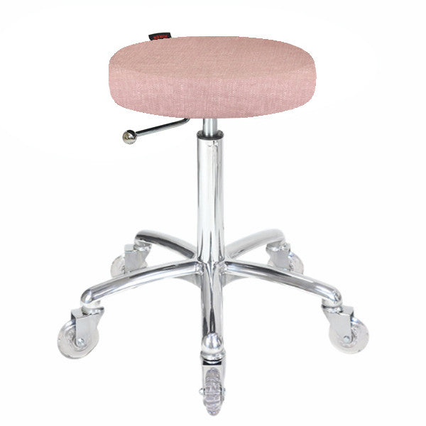 Pink upholstered salon stool with chrome base and clear rolling wheels for beauty clinics