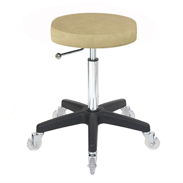 Professional sand coloured salon stool with black base and clear castors for hair stylists