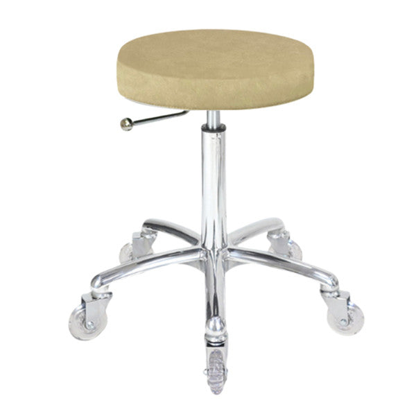 Joiken Turbo Stool in sand upholstery with a sleek chrome base and clear rolling wheels