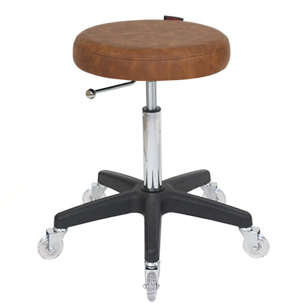 Tan brown salon stool with black base suitable for modern barbershops and hair salons