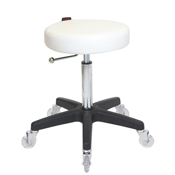 White salon stool with black base and clear castors ideal for medical and beauty aesthetics