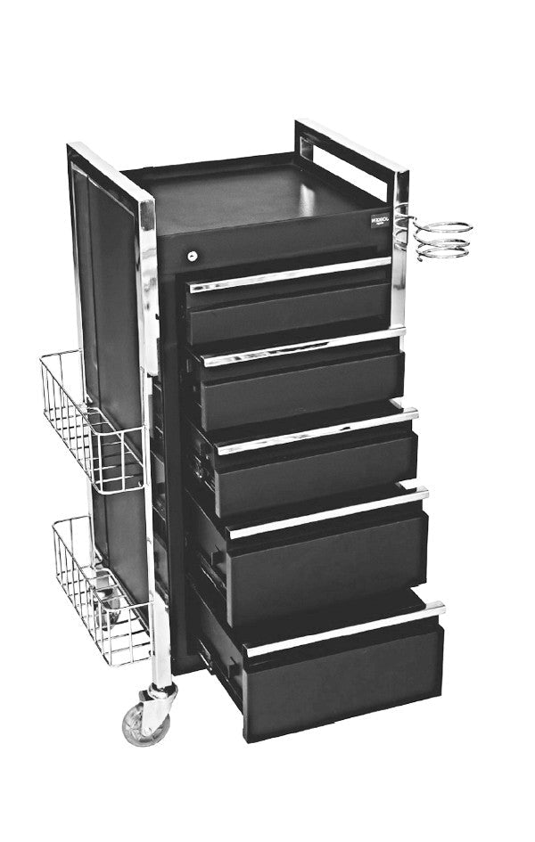 Joiken Twilight hairdressing trolley with drawers open showing internal storage capacity and side hairdryer holder