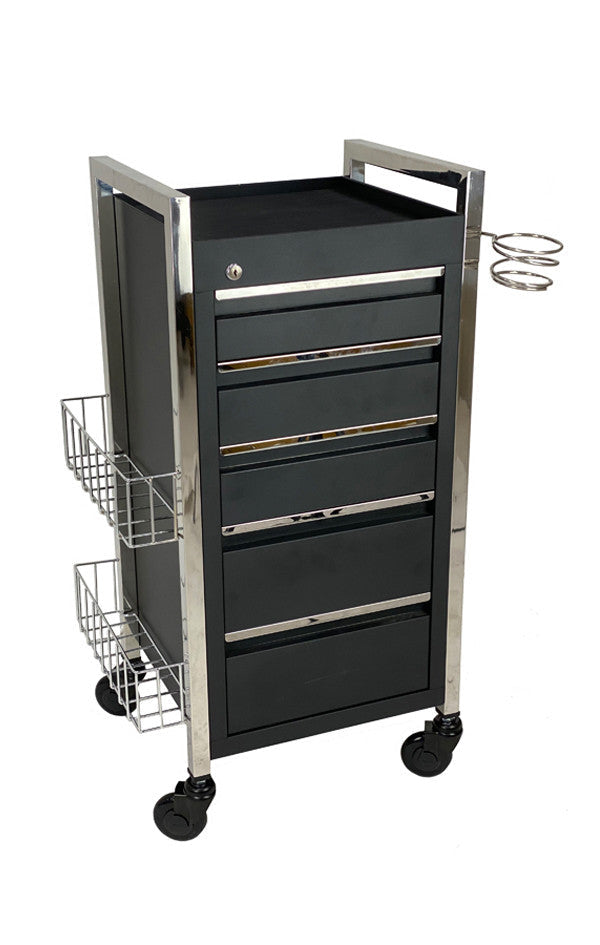 Close up of the Joiken Twilight professional trolley showing the lockable metal drawers and castor wheels