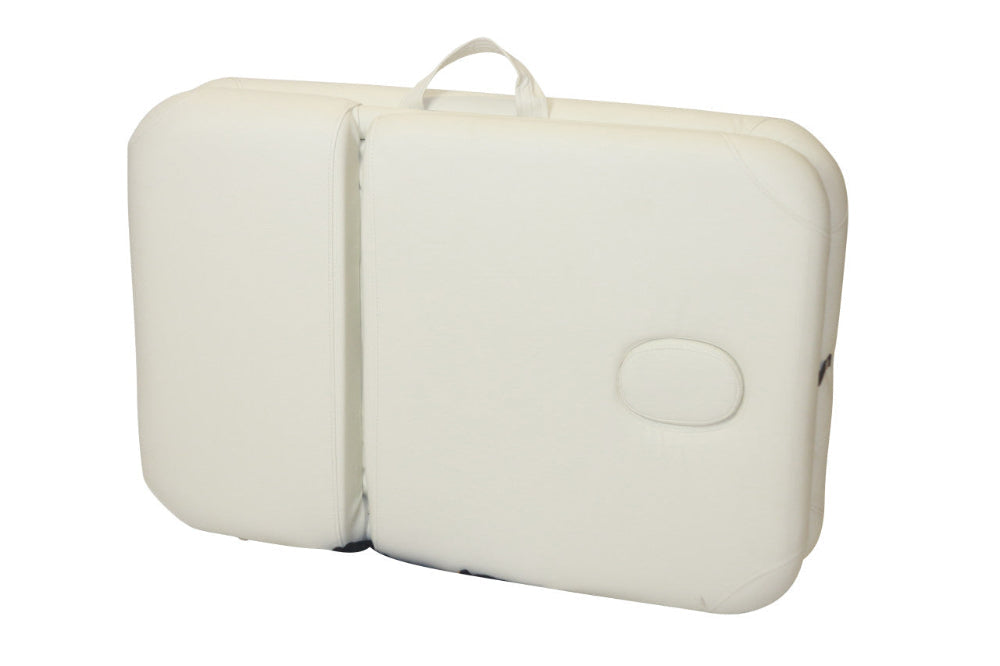 White Joiken aluminium beauty bed folded into a compact portable unit with handle for easy transport