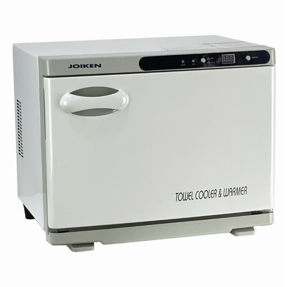 Angled side view of the Joiken hot and cold towel warmer showing sleek white exterior