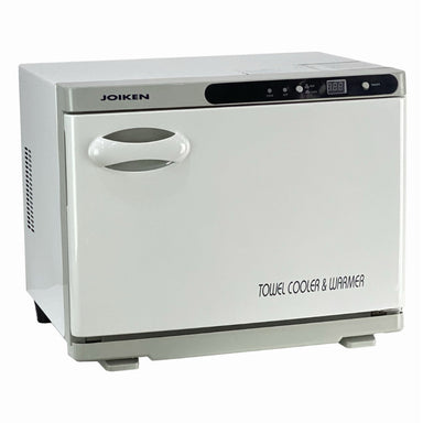 Angled side view of the Joiken hot and cold towel warmer showing sleek white exterior