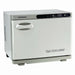 Angled side view of the Joiken hot and cold towel warmer showing sleek white exterior