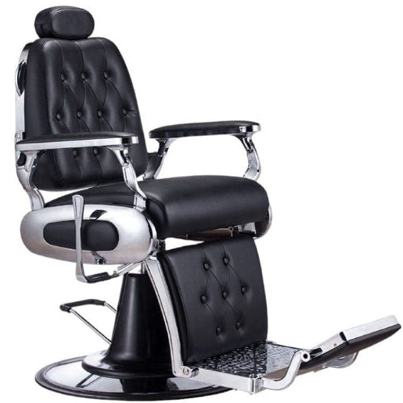 Side profile of Karma Airlie Beach barber chair showing chrome accents and heavy duty hydraulic base