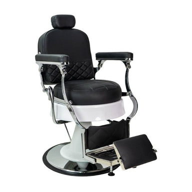 Side profile of the Karma Ascot reclining barber chair showing the hydraulic base and footrest