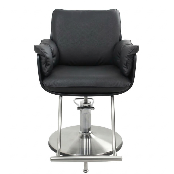 Front view of the Karma Batemans Bay black professional salon chair with chrome hydraulic base and footrest