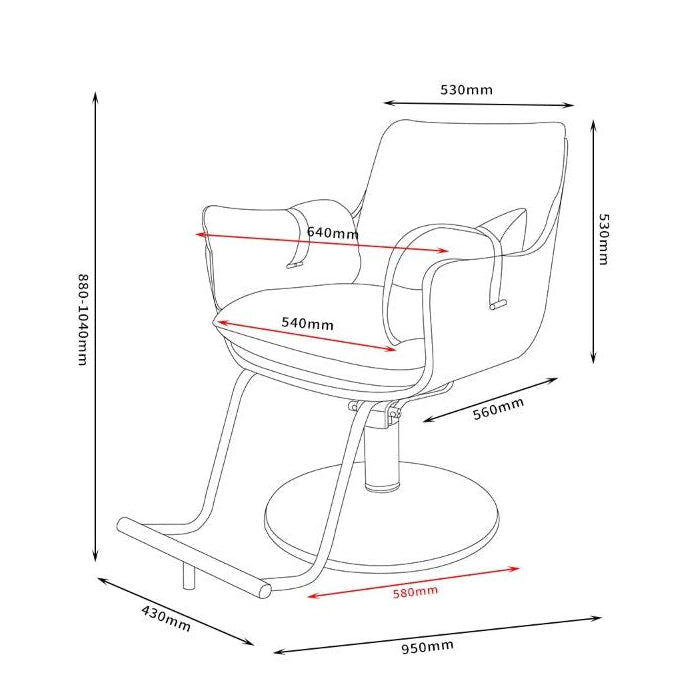 Technical dimensions and height specifications for the Karma Batemans Bay hydraulic salon chair