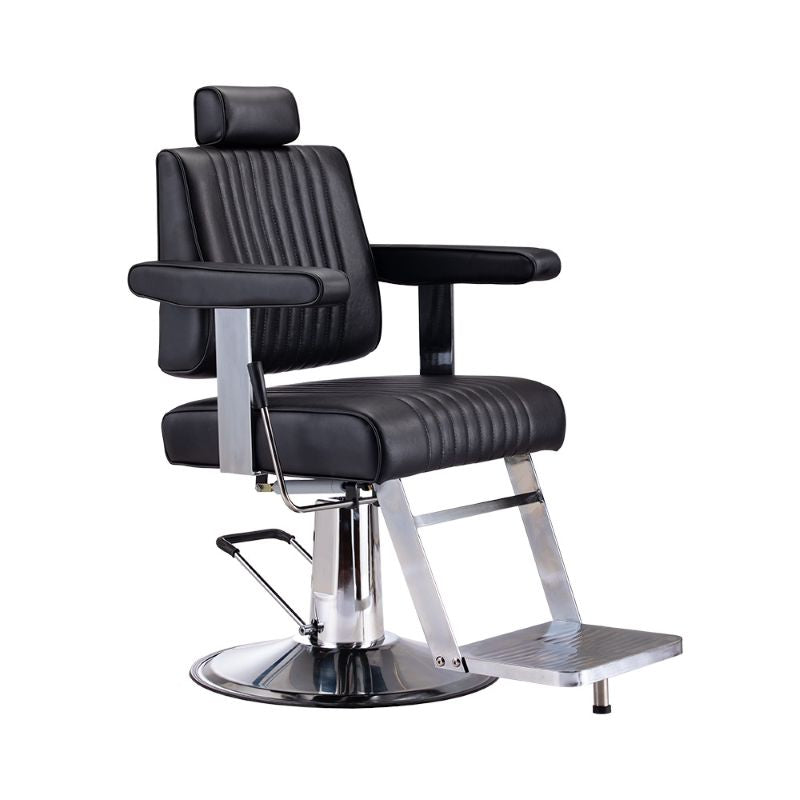 Karma Belmore professional black barber chair with horizontal stitching and hydraulic base