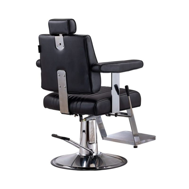 Rear view of the Karma Belmore barber chair showing the chrome support and reclining handle