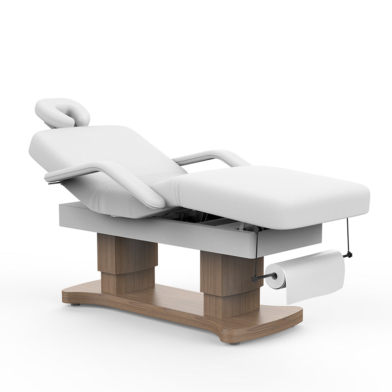 Karma Bethels Beach white electric beauty bed with wood panel base and paper roll holder