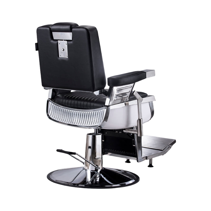 Rear view of the Karma Brisbane barber chair showing the chrome support and sturdy design