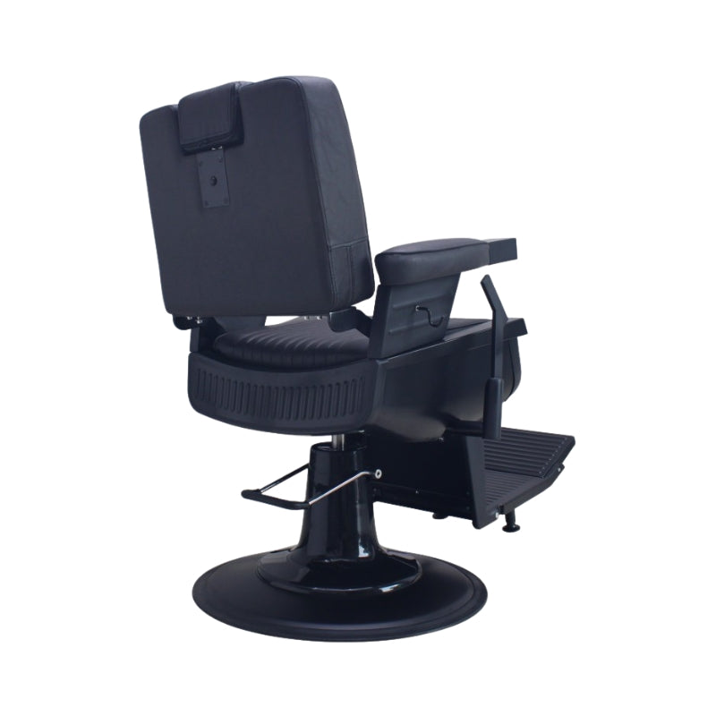 Back angle of the matte black Karma Brisbane barber chair highlighting the integrated headrest