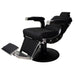 Angled view of the Karma Chandler black barber chair showing the footrest and hydraulic base