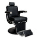 Front view of the Karma Chandler black professional barber chair with silver accents