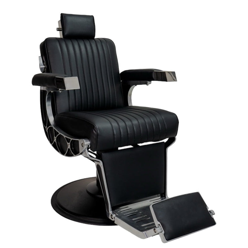 Front view of the Karma Chandler black professional barber chair with silver accents
