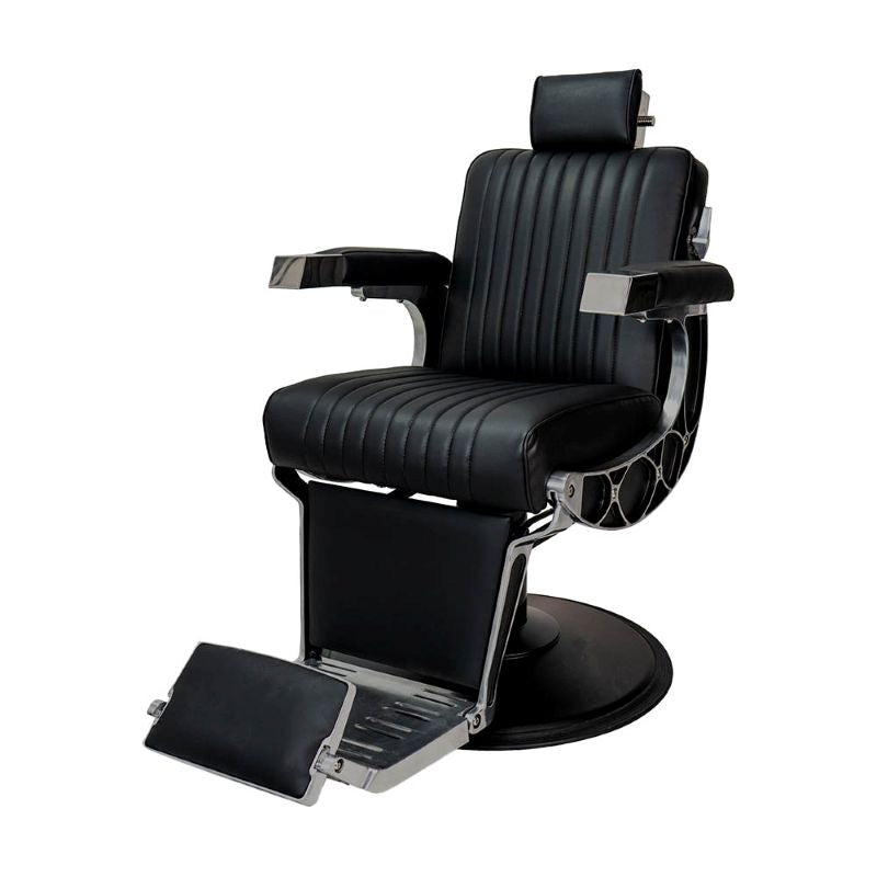 Karma Chandler barber chair in a partially reclined position for professional shaving