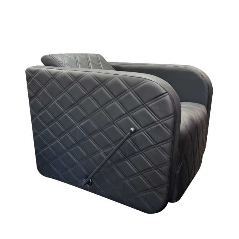 Karma Clunes black shampoo chair featuring premium diamond-stitched upholstery and manual lever