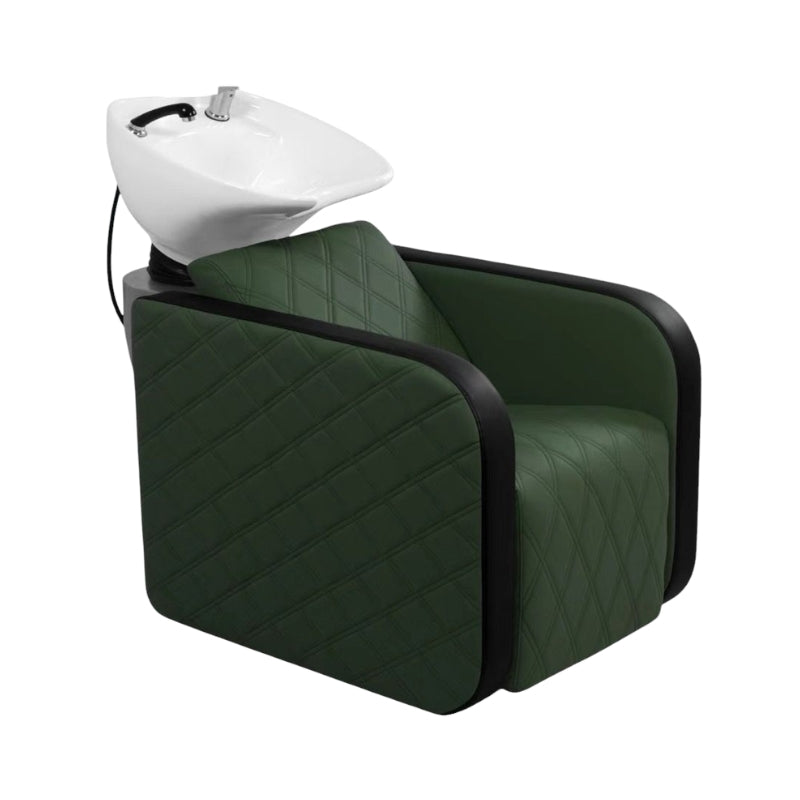 Karma Clunes manual reclining shampoo unit in forest green quilted vinyl with a white basin