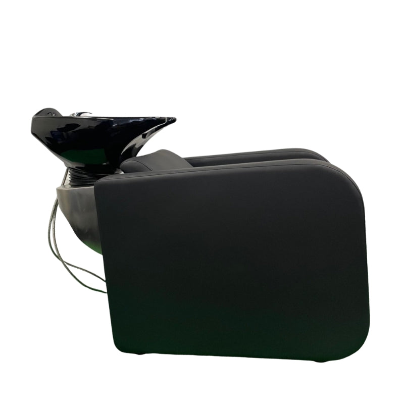 Karma Clunes manual shampoo basin unit in black vinyl showing the side profile and wash bowl