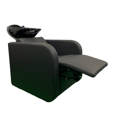 Karma Clunes shampoo chair with the manual leg rest extended for client comfort