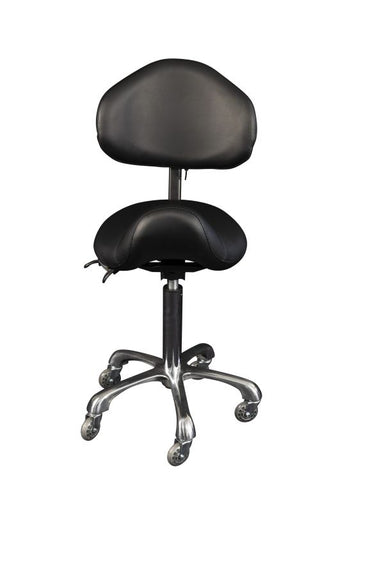 angled view of black cradle mountain saddle stool with adjustable backrest
