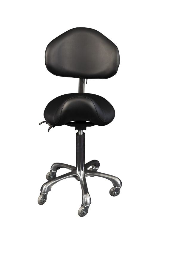 angled view of black cradle mountain saddle stool with adjustable backrest