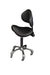 side profile of black saddle stool with ergonomic back support