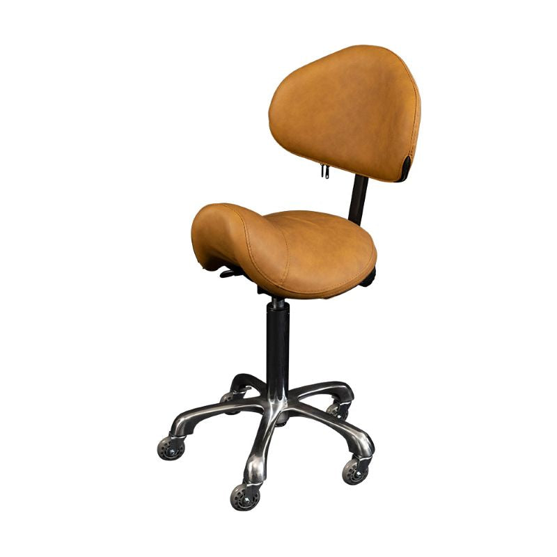 tan saddle stool with back support and rollerblade castors for salon use