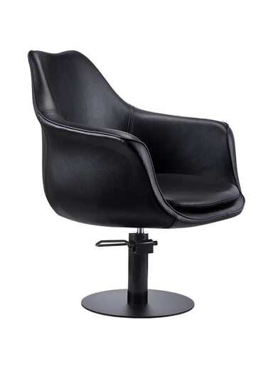 Black Karma Cronulla salon chair showing front angle and hydraulic base