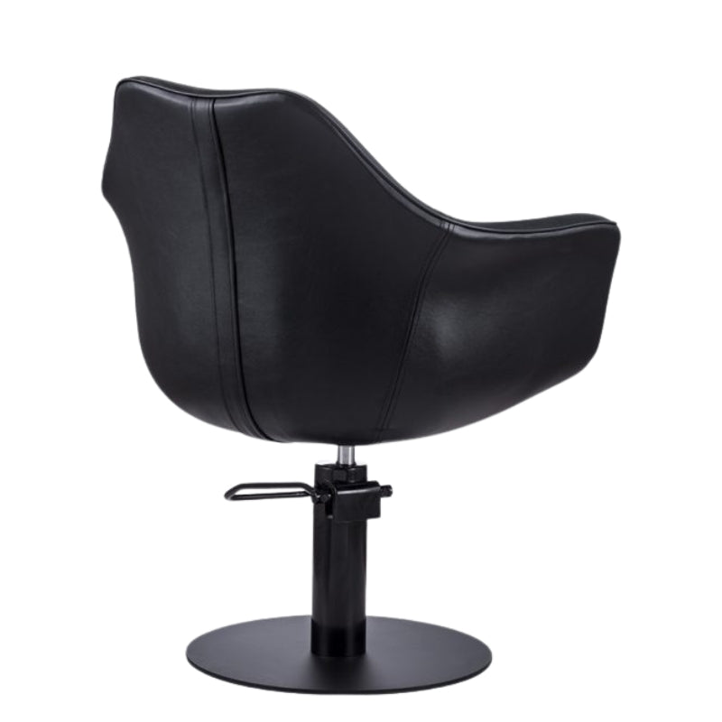 Rear view of the Karma Cronulla professional hair chair in black with matte black circular base