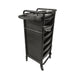 Black professional salon trolley with folding side shelves and mixing bowl slots extended