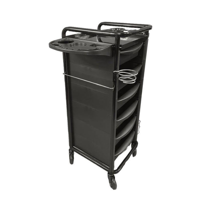 Black professional salon trolley with folding side shelves and mixing bowl slots extended